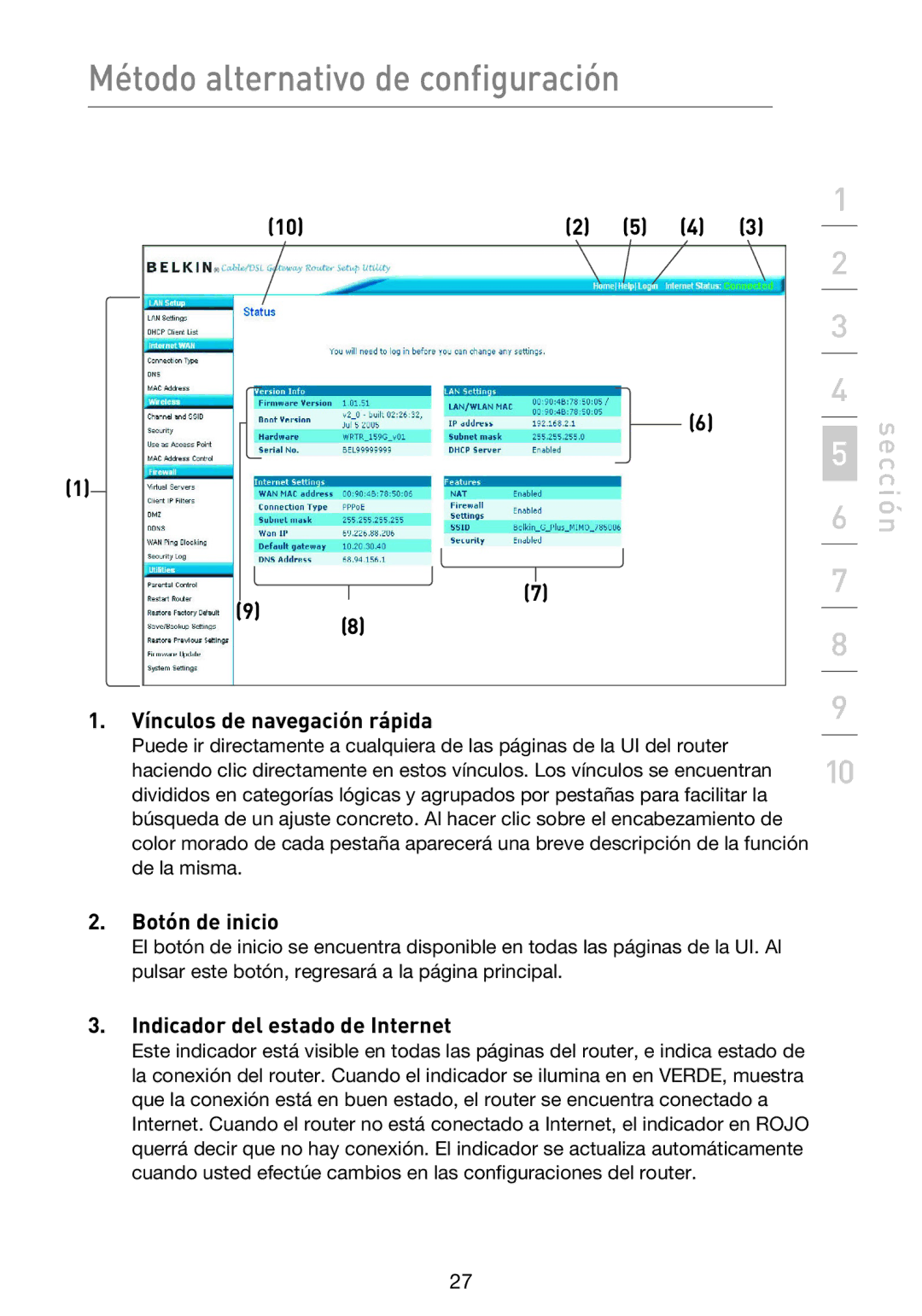 Belkin F5D9230UK4 user manual Vínculos de navegación rápida, Botón de inicio, Indicador del estado de Internet 