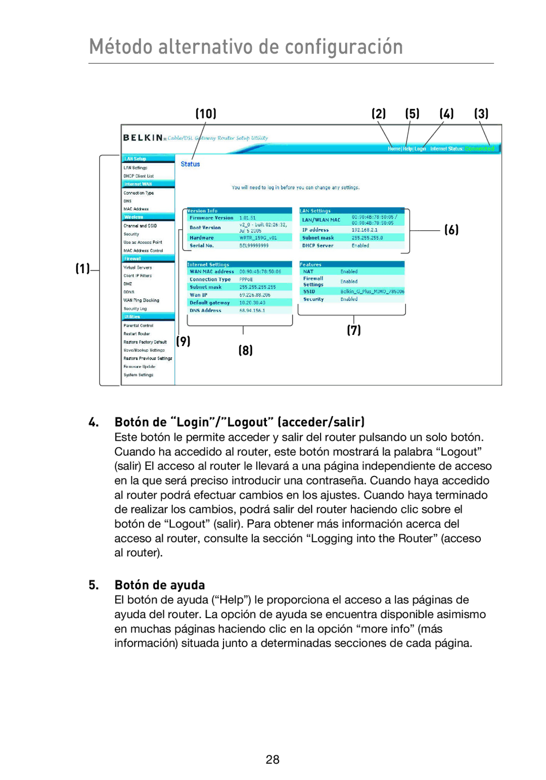 Belkin F5D9230UK4 user manual Botón de Login/Logout acceder/salir, Botón de ayuda 