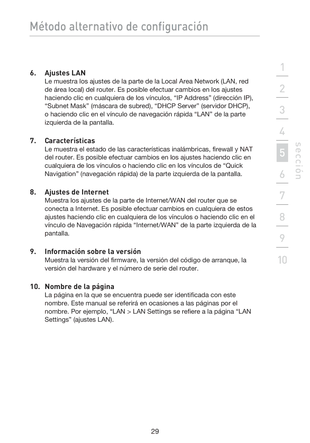 Belkin F5D9230UK4 Ajustes LAN, Características, Ajustes de Internet, Información sobre la versión, Nombre de la página 