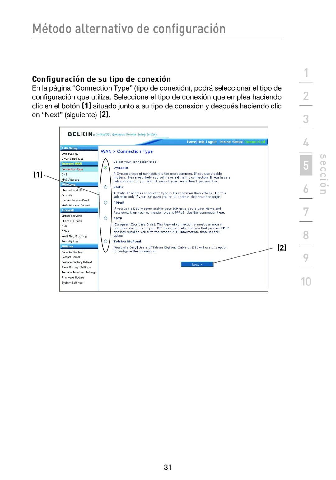 Belkin F5D9230UK4 user manual Configuración de su tipo de conexión 