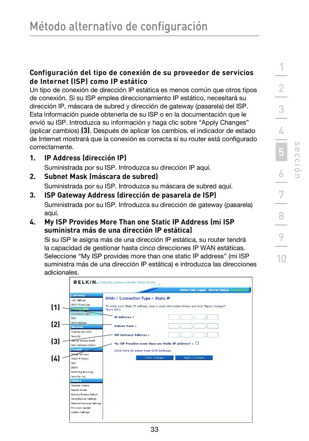 Belkin F5D9230UK4 IP Address dirección IP, Subnet Mask máscara de subred, ISP Gateway Address dirección de pasarela de ISP 