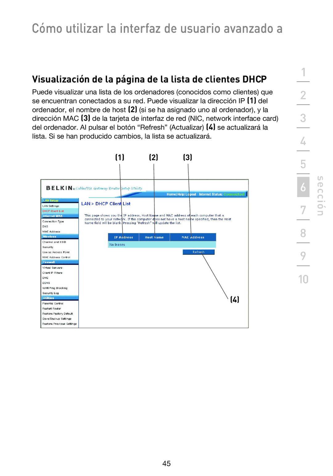 Belkin F5D9230UK4 user manual Visualización de la página de la lista de clientes Dhcp 