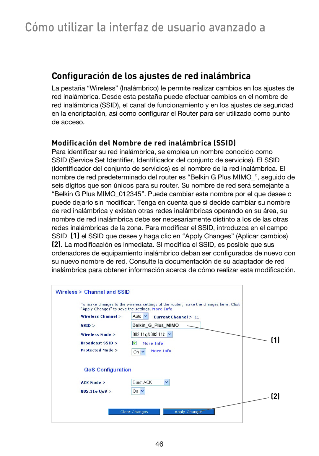 Belkin F5D9230UK4 Configuración de los ajustes de red inalámbrica, Modificación del Nombre de red inalámbrica Ssid 