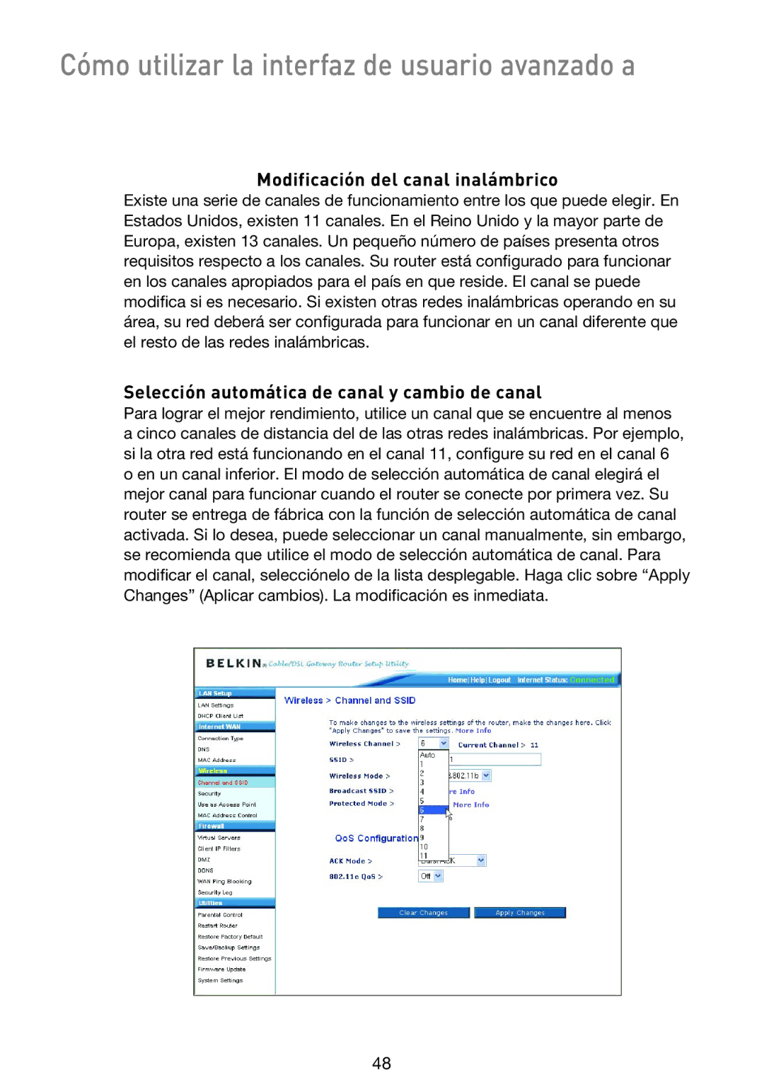Belkin F5D9230UK4 user manual Modificación del canal inalámbrico, Selección automática de canal y cambio de canal 