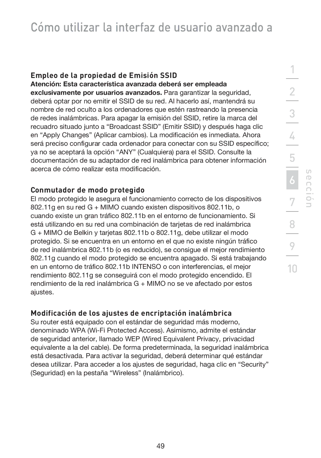 Belkin F5D9230UK4 user manual Empleo de la propiedad de Emisión Ssid, Conmutador de modo protegido 