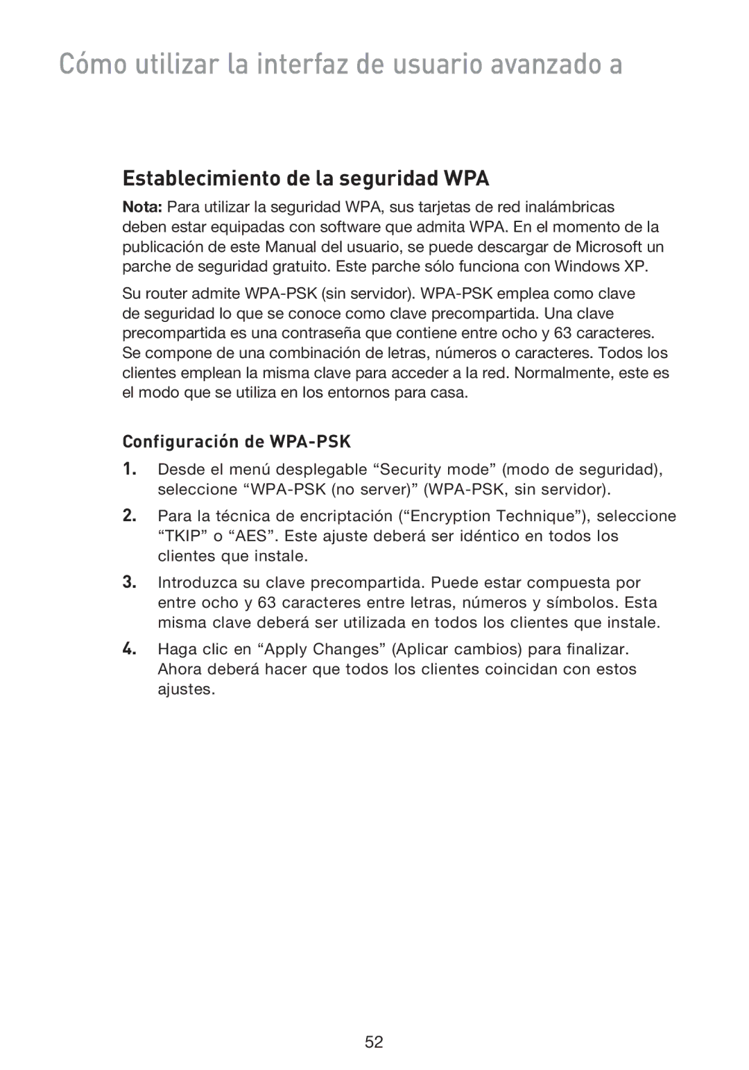 Belkin F5D9230UK4 user manual Establecimiento de la seguridad WPA, Configuración de WPA-PSK 