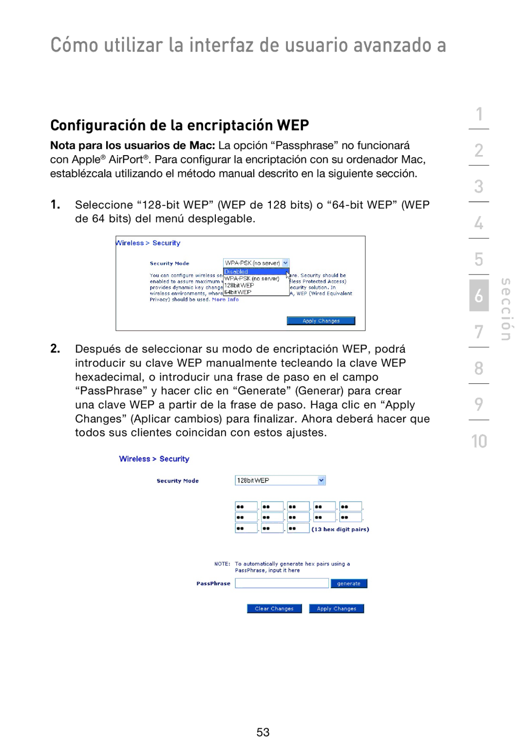 Belkin F5D9230UK4 user manual Configuración de la encriptación WEP 