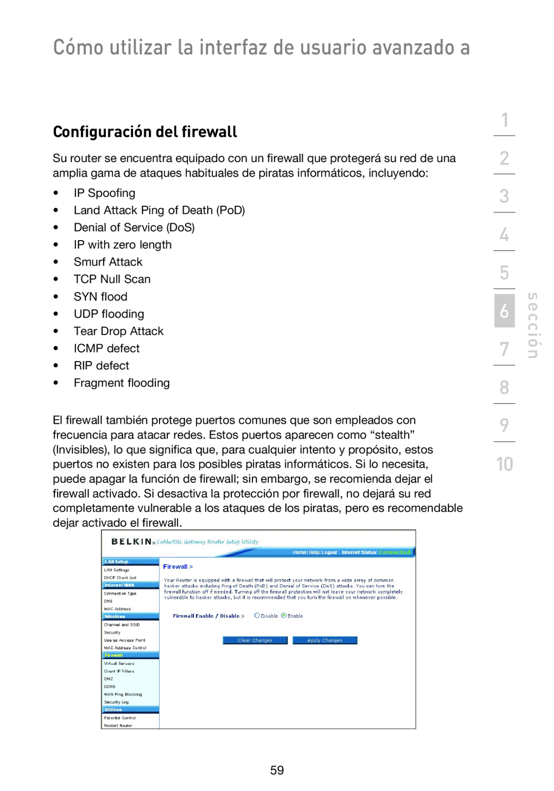 Belkin F5D9230UK4 user manual Configuración del firewall 