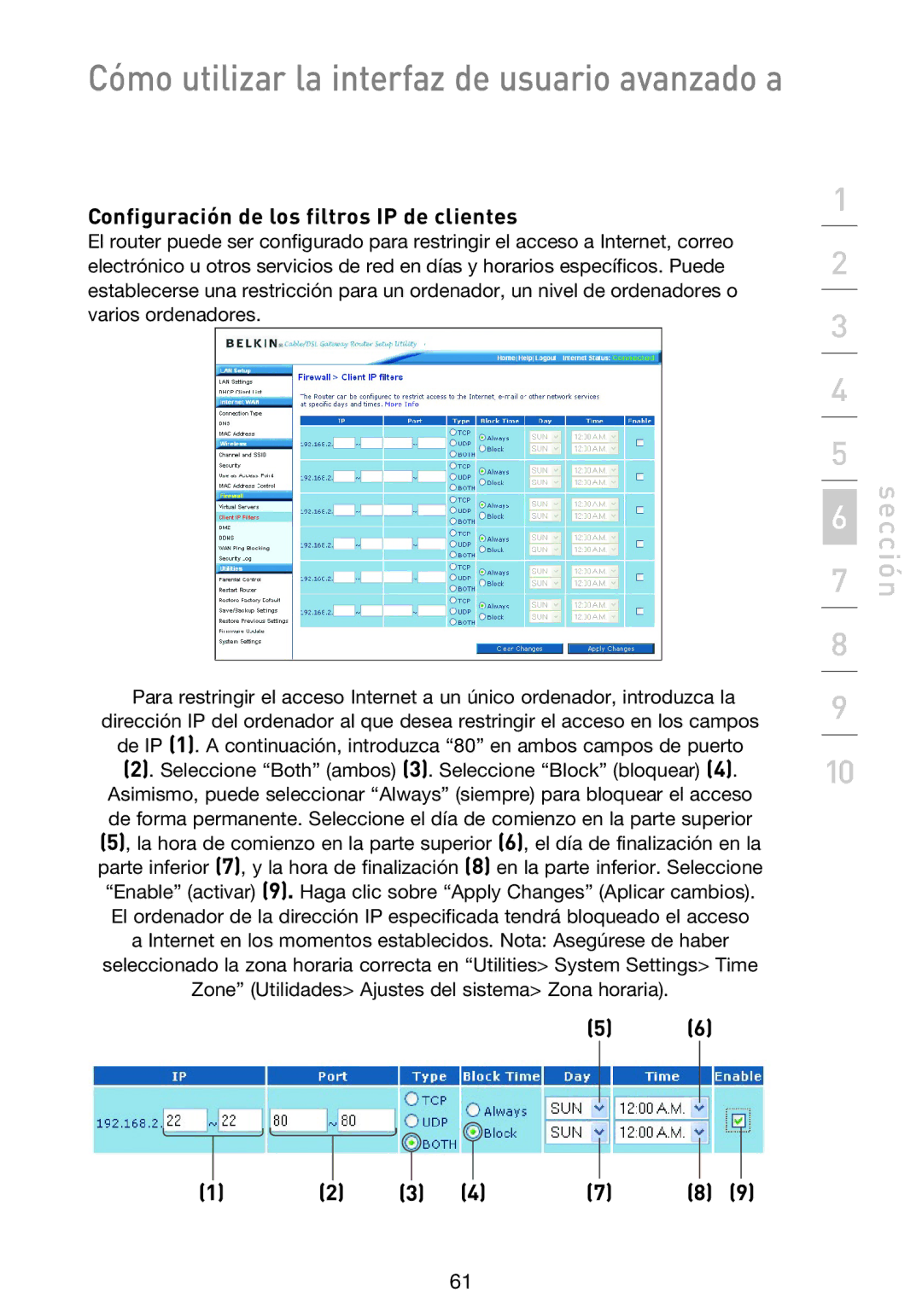 Belkin F5D9230UK4 user manual Configuración de los filtros IP de clientes 