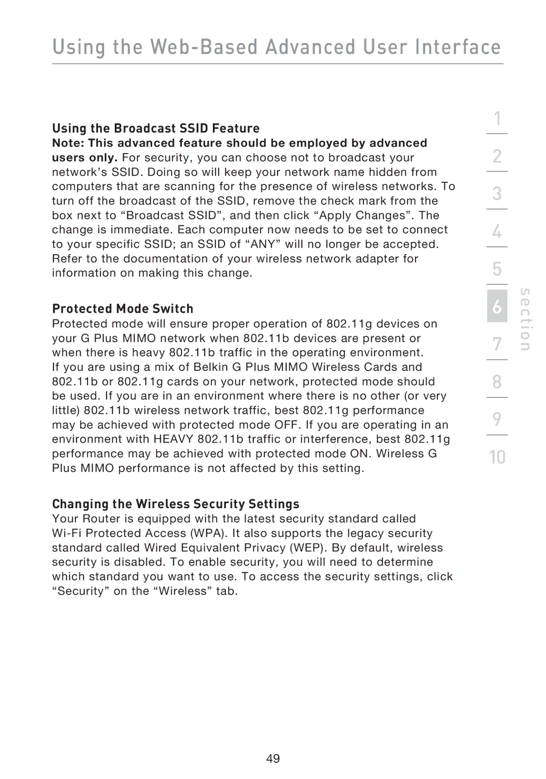 Belkin F5D9230UK4 Using the Broadcast Ssid Feature Protected Mode Switch, Changing the Wireless Security Settings 