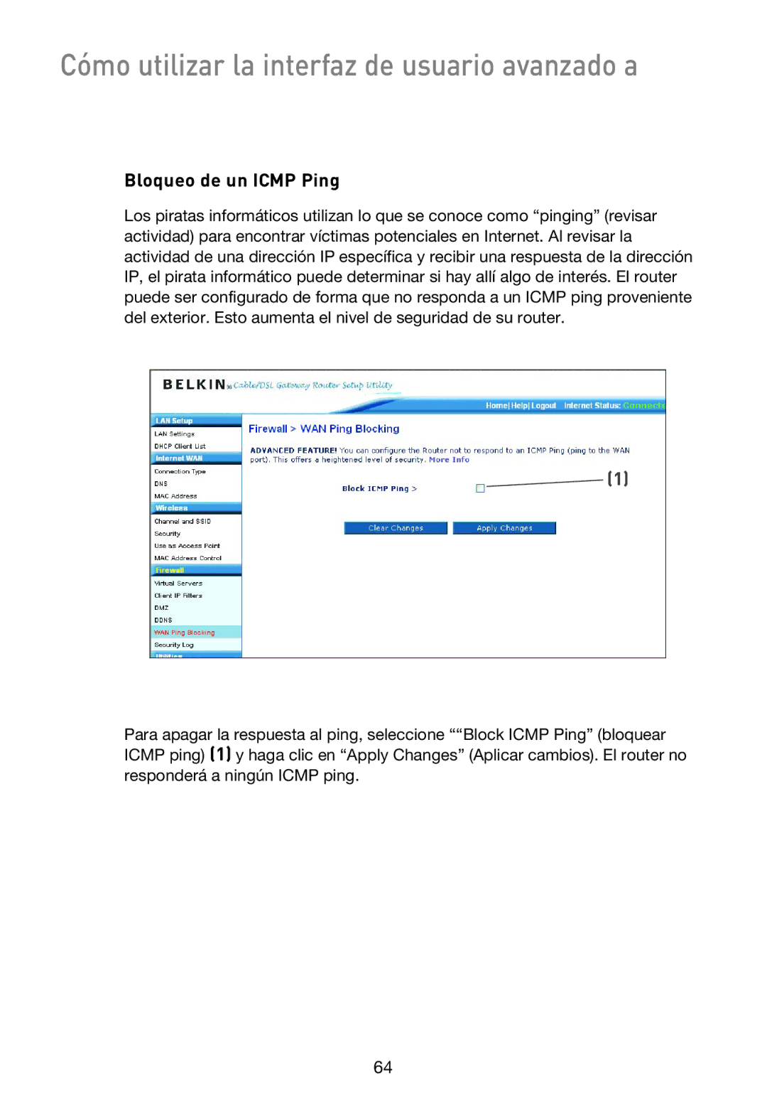 Belkin F5D9230UK4 user manual Bloqueo de un Icmp Ping 