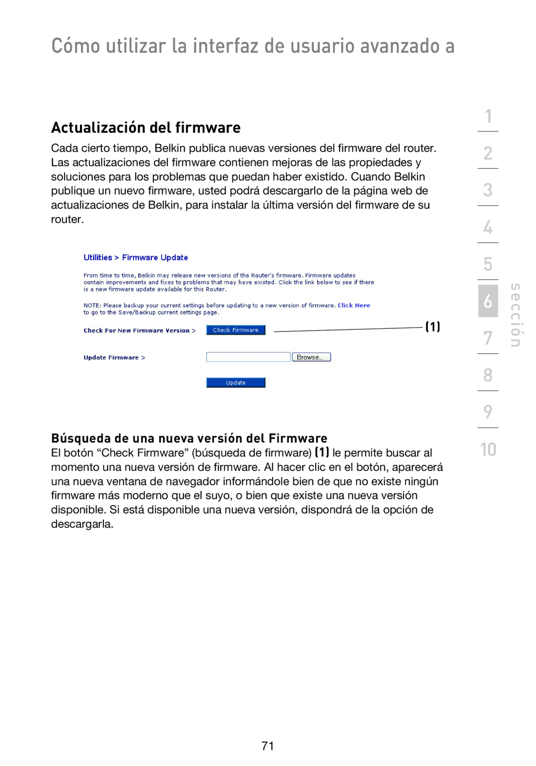 Belkin F5D9230UK4 user manual Actualización del firmware, Búsqueda de una nueva versión del Firmware 