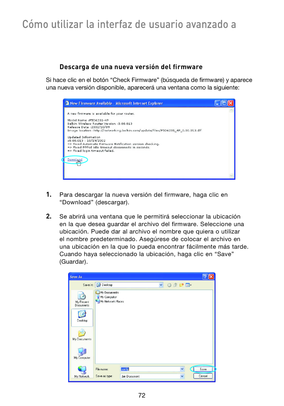 Belkin F5D9230UK4 user manual Descarga de una nueva versión del firmware 