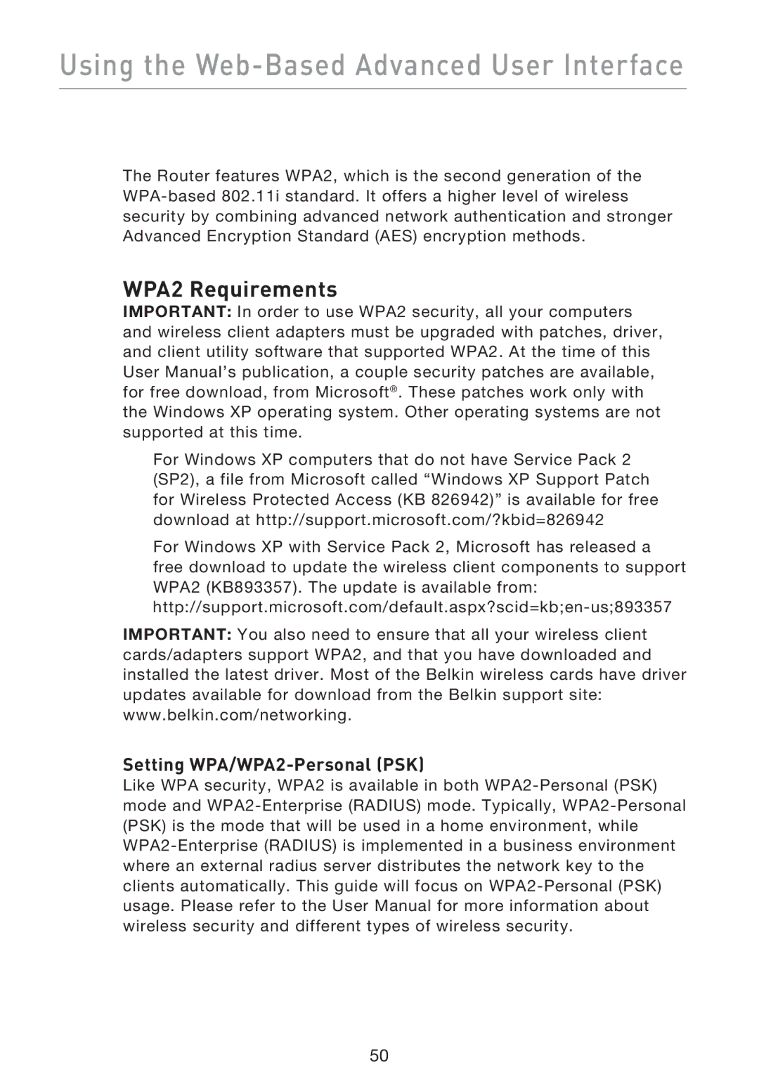 Belkin F5D9230UK4 user manual WPA2 Requirements, Setting WPA/WPA2-Personal PSK 