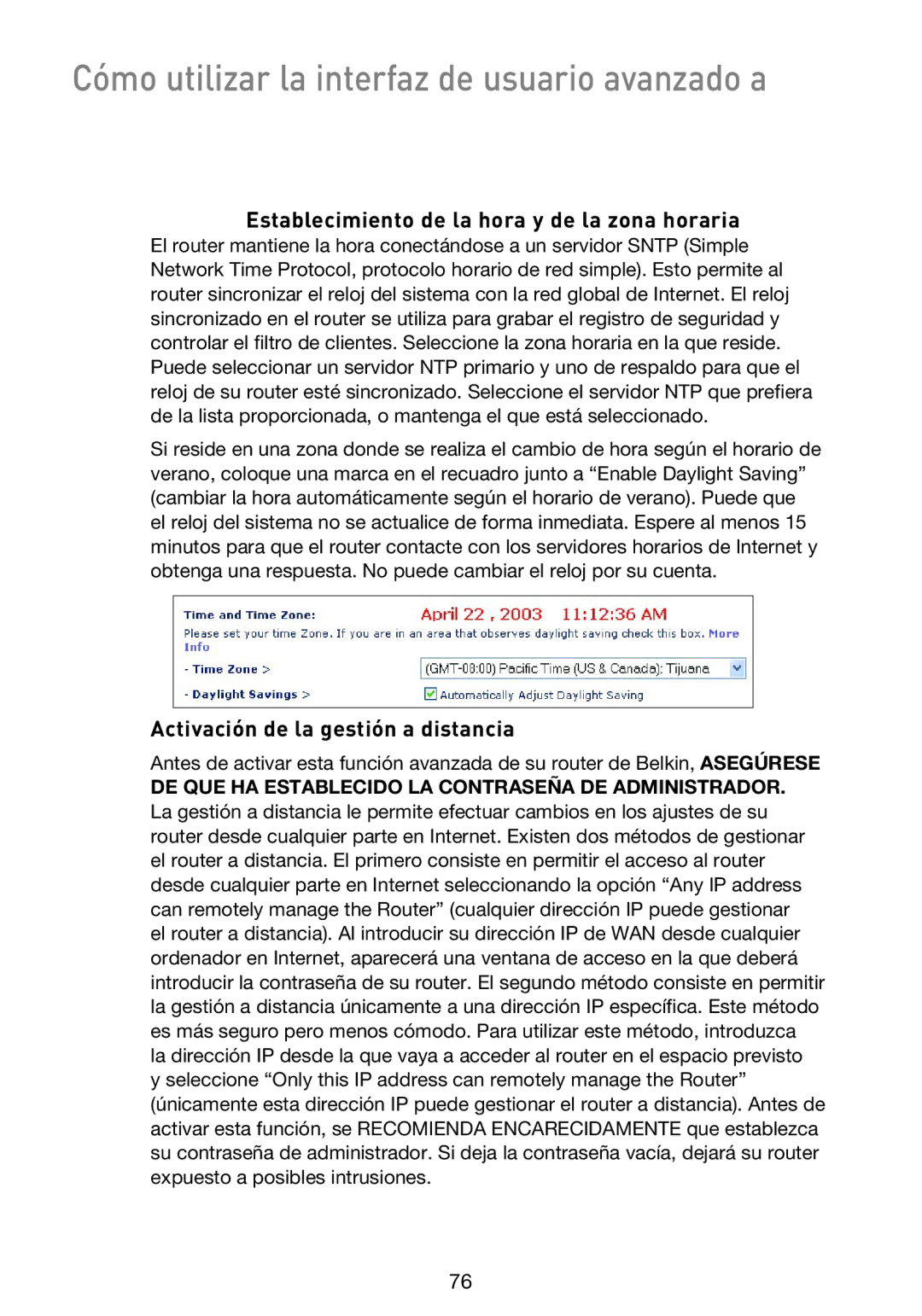 Belkin F5D9230UK4 user manual Establecimiento de la hora y de la zona horaria, Activación de la gestión a distancia 