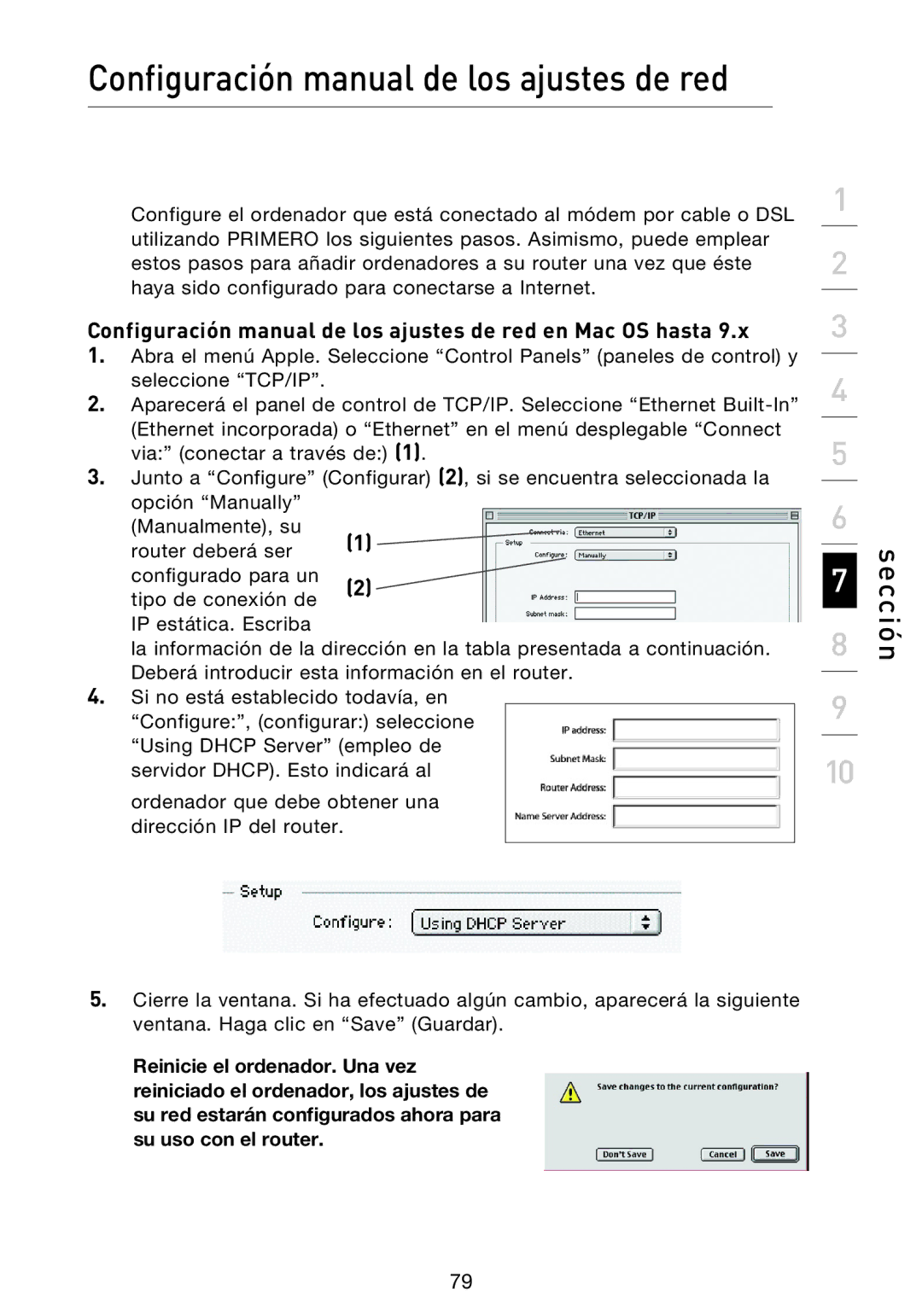 Belkin F5D9230UK4 user manual Configuración manual de los ajustes de red en Mac OS hasta 