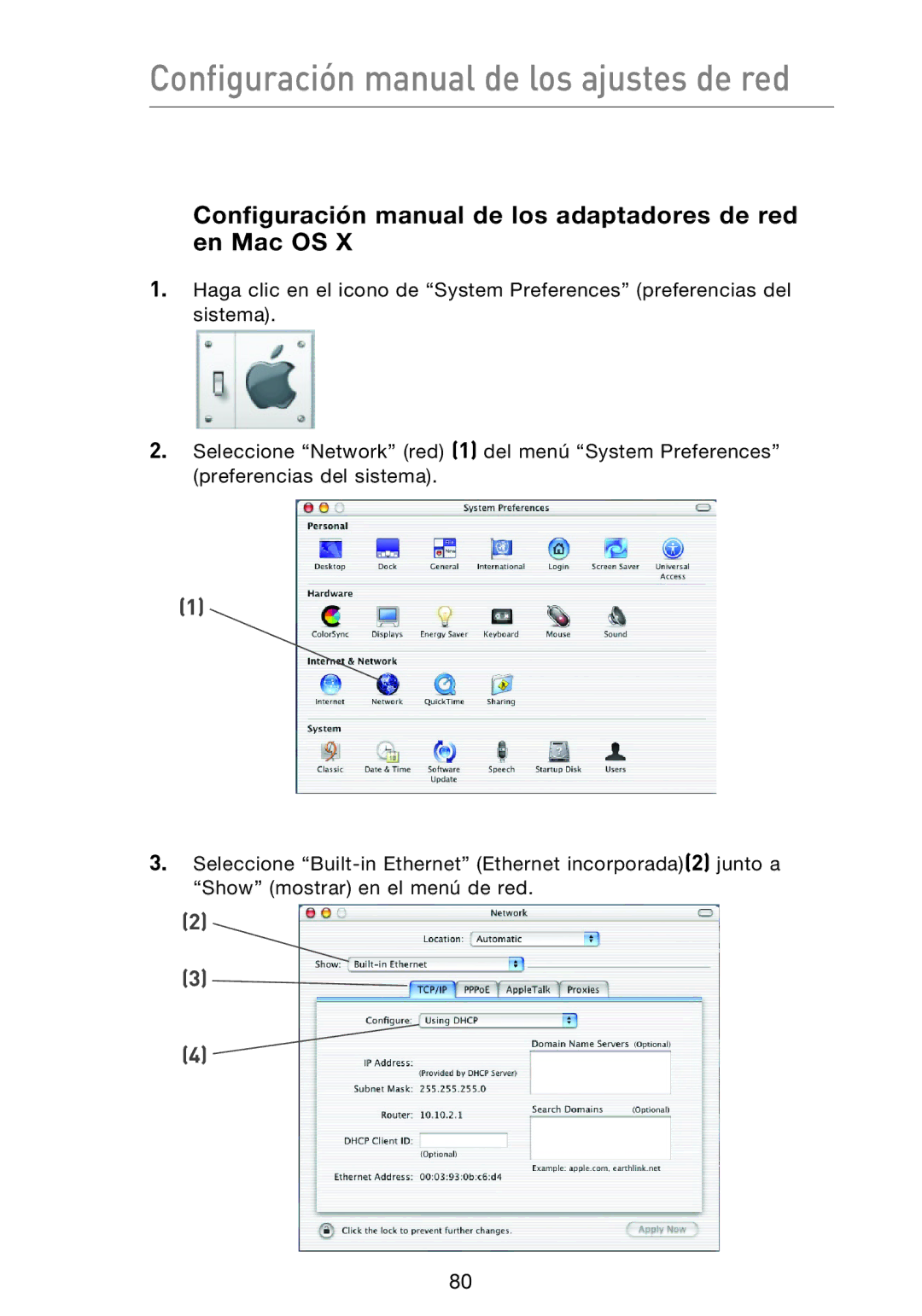 Belkin F5D9230UK4 Configuración manual de los ajustes de red, Configuración manual de los adaptadores de red en Mac OS 