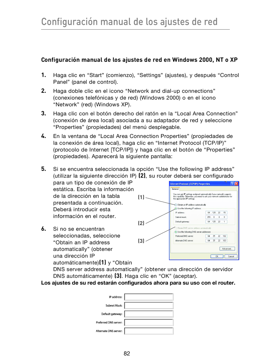 Belkin F5D9230UK4 user manual Configuración manual de los ajustes de red 