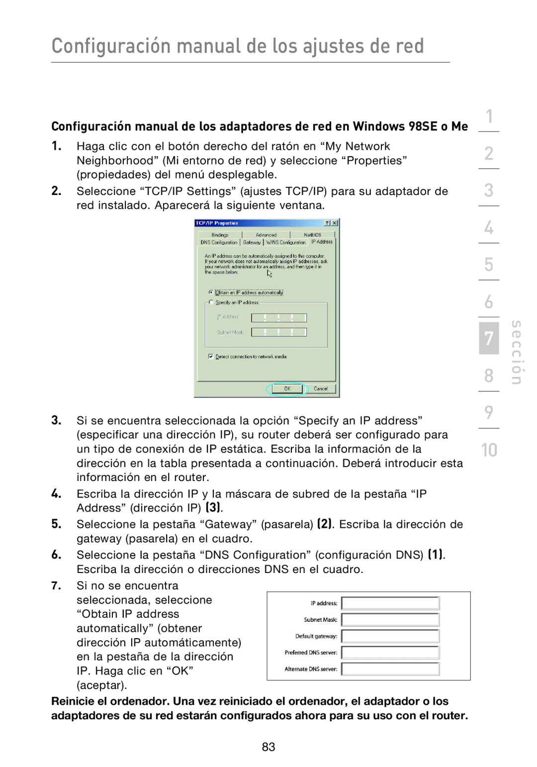 Belkin F5D9230UK4 user manual Configuración manual de los ajustes de red 