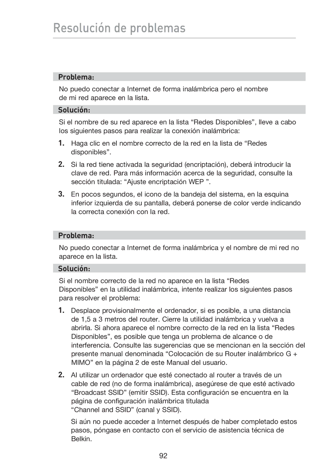 Belkin F5D9230UK4 user manual Resolución de problemas 