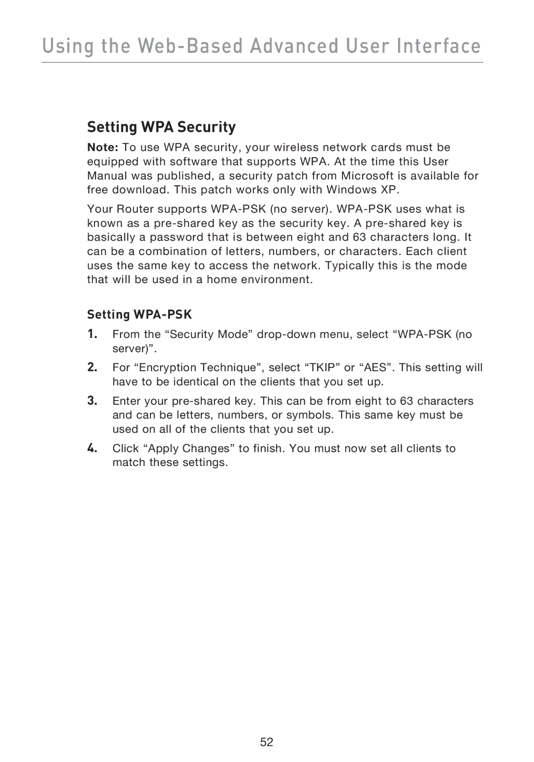 Belkin F5D9230UK4 user manual Setting WPA Security, Setting WPA-PSK 