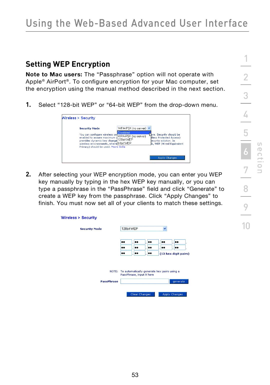 Belkin F5D9230UK4 user manual Setting WEP Encryption 