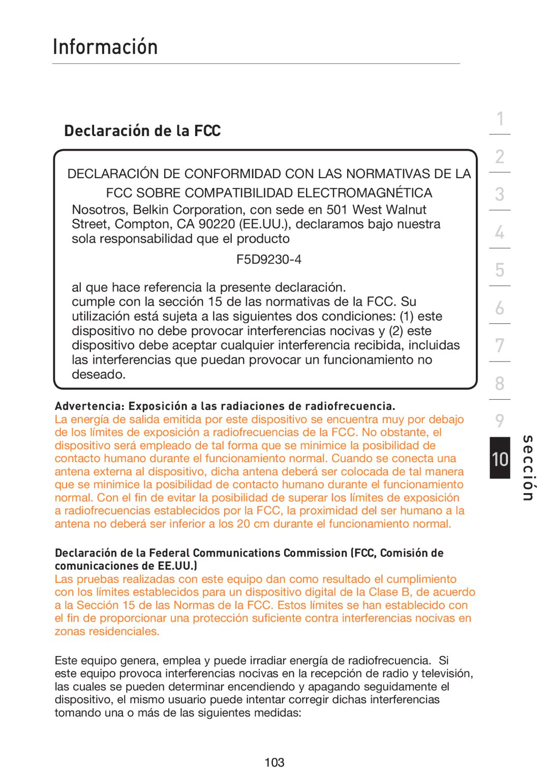 Belkin F5D9230UK4 Información, Declaración de la FCC, Advertencia Exposición a las radiaciones de radiofrecuencia 