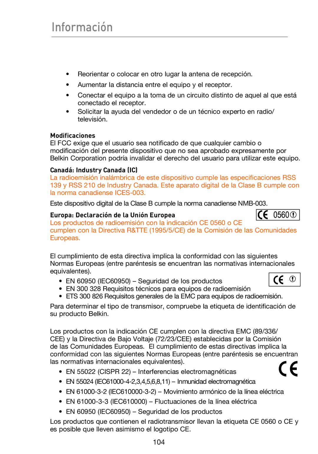 Belkin F5D9230UK4 user manual Información, Modificaciones, Canadá Industry Canada IC 