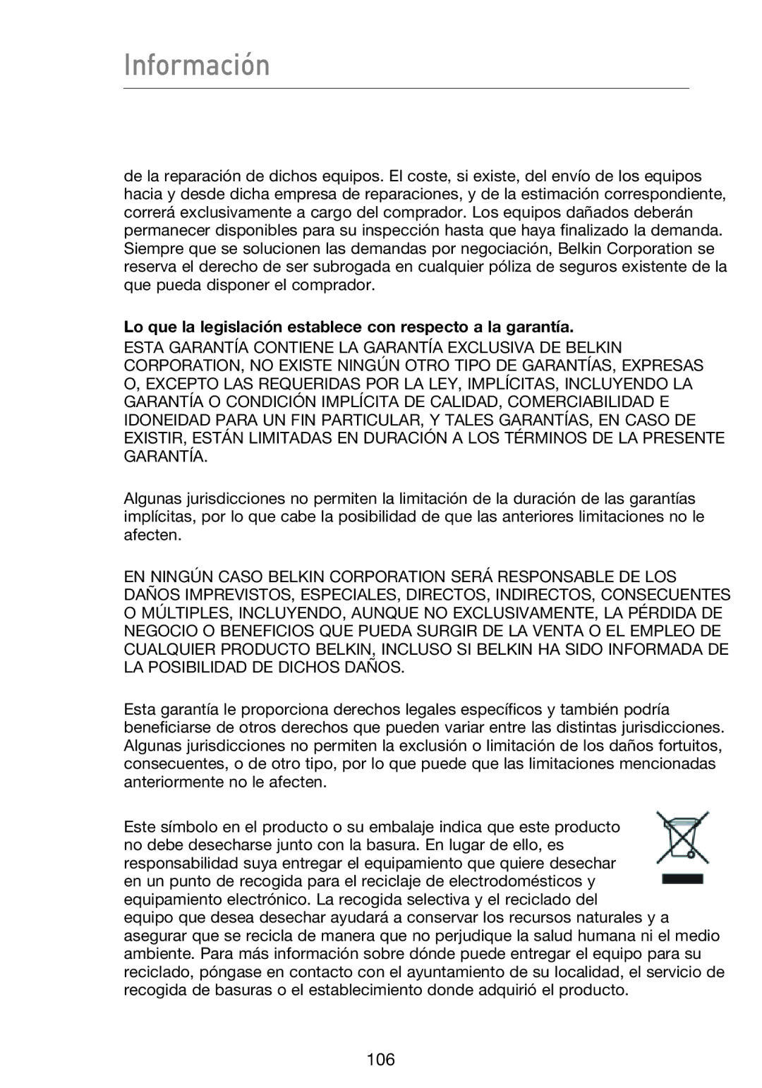 Belkin F5D9230UK4 user manual Lo que la legislación establece con respecto a la garantía 