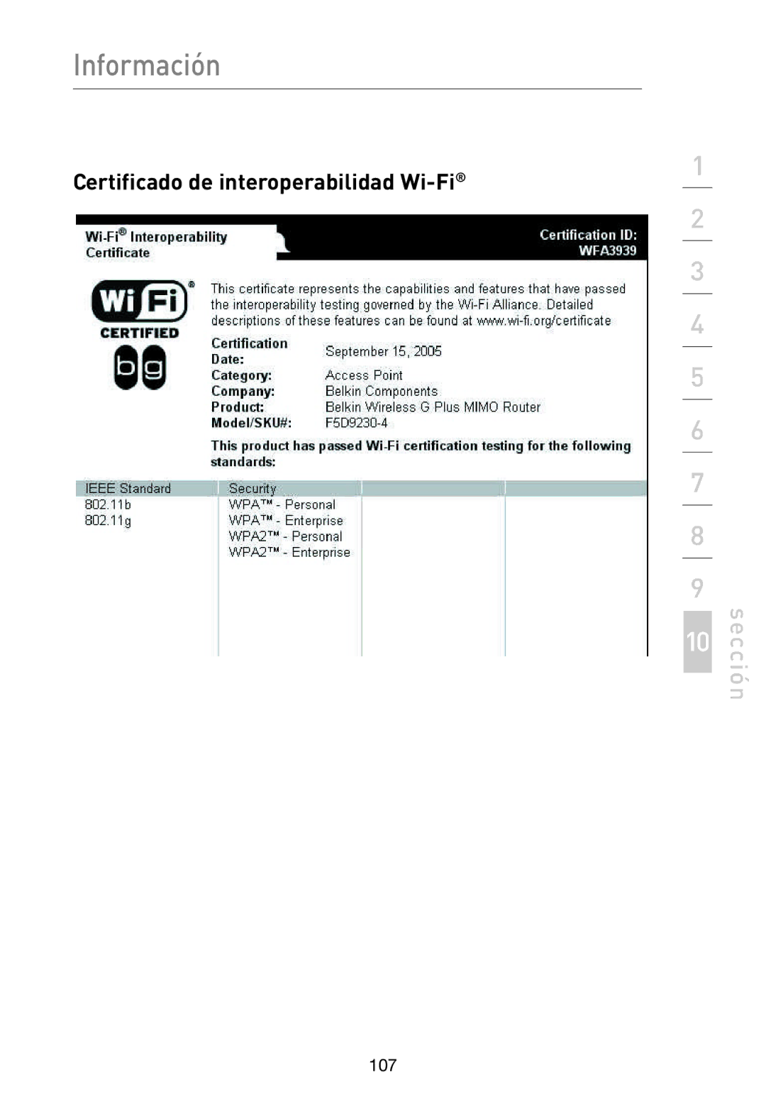 Belkin F5D9230UK4 user manual Certificado de interoperabilidad Wi-Fi 