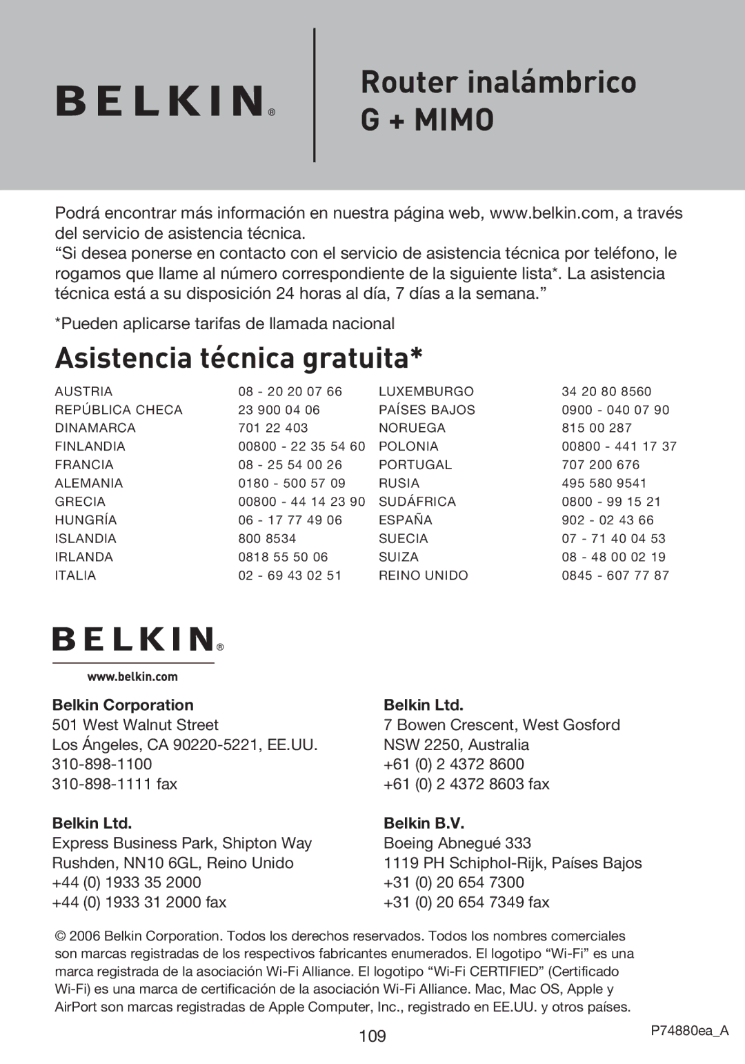 Belkin F5D9230UK4 user manual Asistencia técnica gratuita 