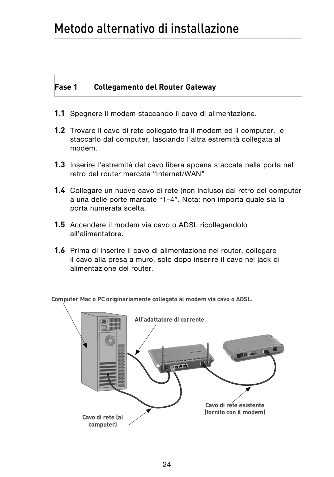 Belkin F5D9230UK4 user manual Metodo alternativo di installazione, Fase 1 Collegamento del Router Gateway 