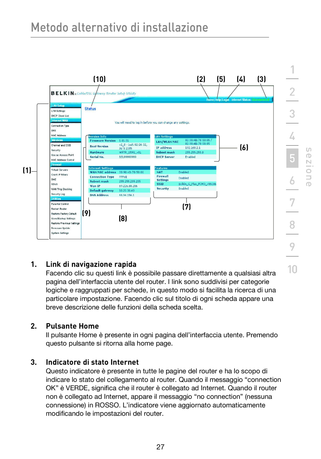 Belkin F5D9230UK4 user manual Link di navigazione rapida, Pulsante Home, Indicatore di stato Internet 