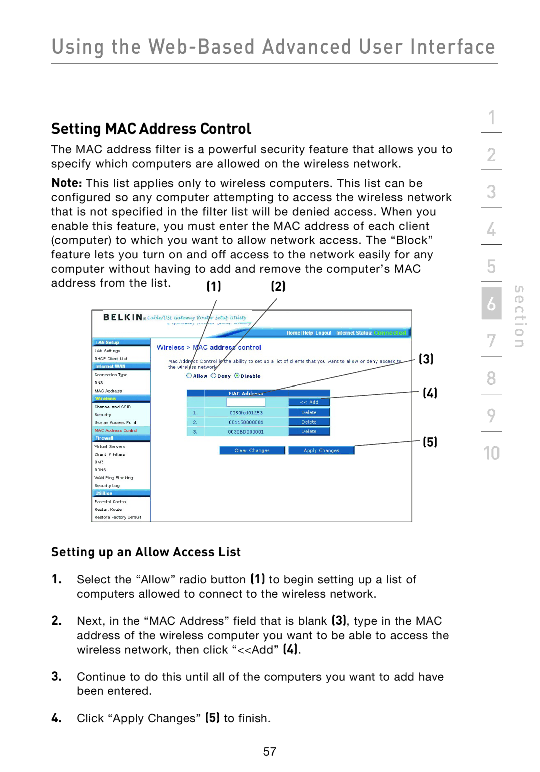 Belkin F5D9230UK4 user manual Setting MAC Address Control, Setting up an Allow Access List, Address from the list 