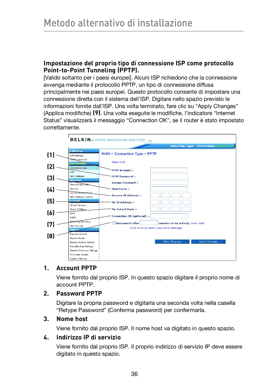 Belkin F5D9230UK4 user manual Account Pptp, Password Pptp, Indirizzo IP di servizio 