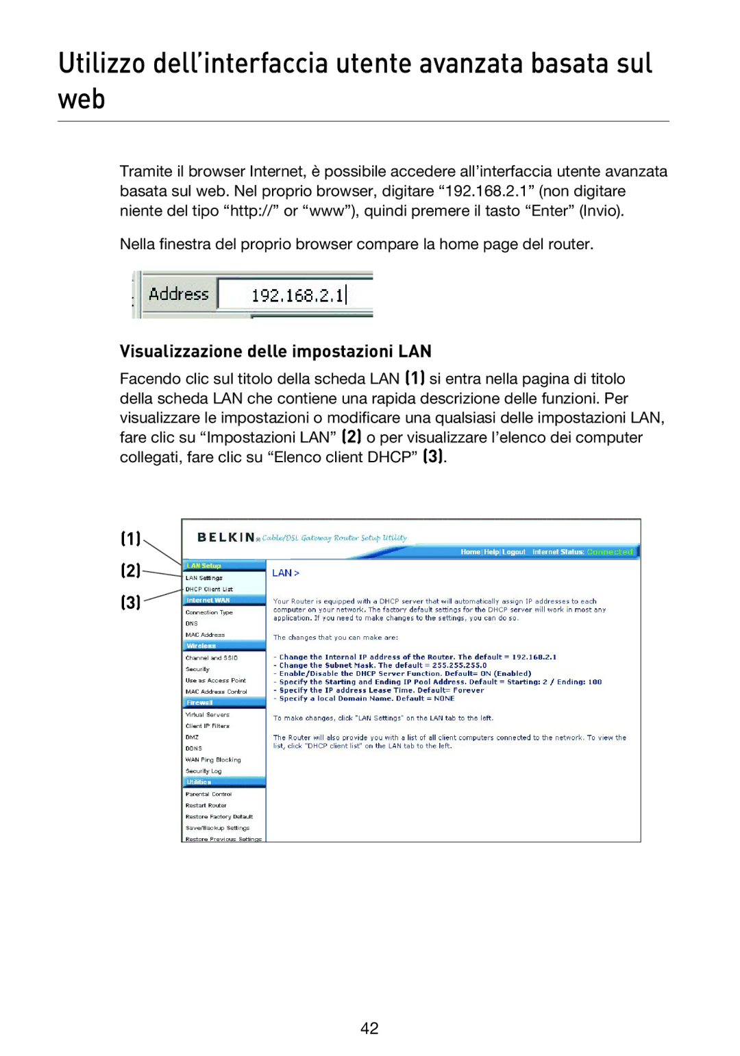 Belkin F5D9230UK4 Utilizzo dell’interfaccia utente avanzata basata sul web, Visualizzazione delle impostazioni LAN 