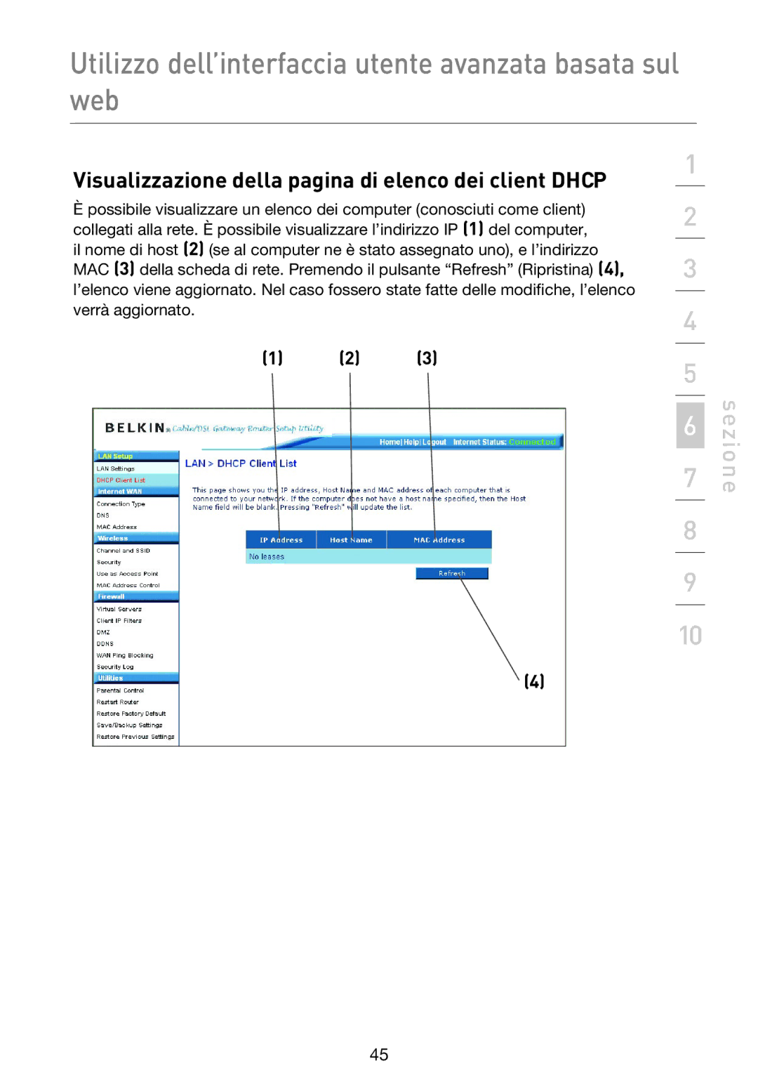 Belkin F5D9230UK4 user manual Visualizzazione della pagina di elenco dei client Dhcp 