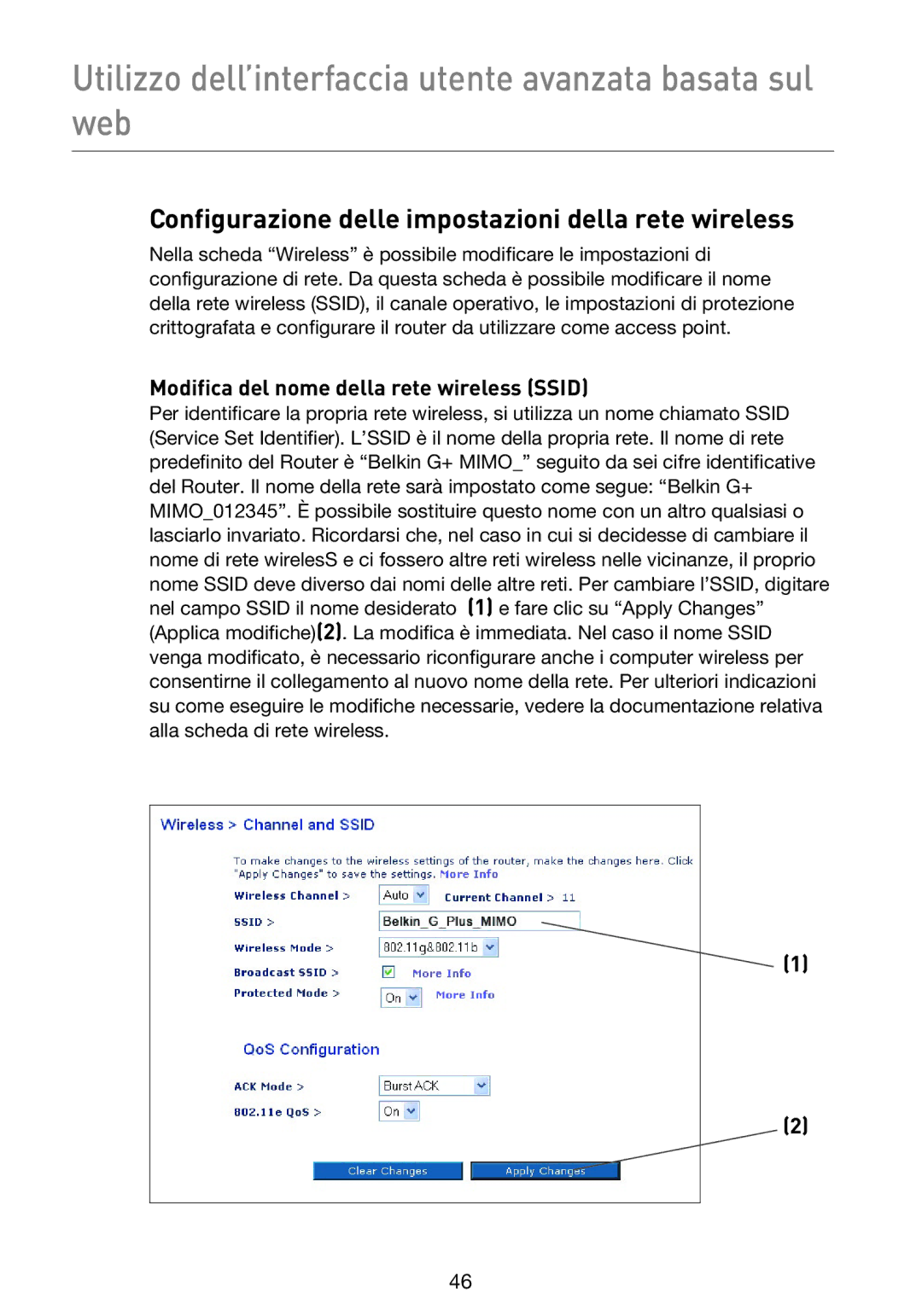 Belkin F5D9230UK4 Configurazione delle impostazioni della rete wireless, Modifica del nome della rete wireless Ssid 