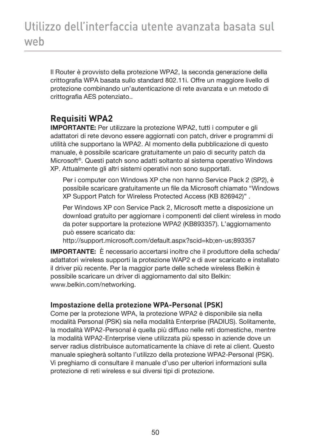 Belkin F5D9230UK4 user manual Requisiti WPA2, Impostazione della protezione WPA-Personal PSK 