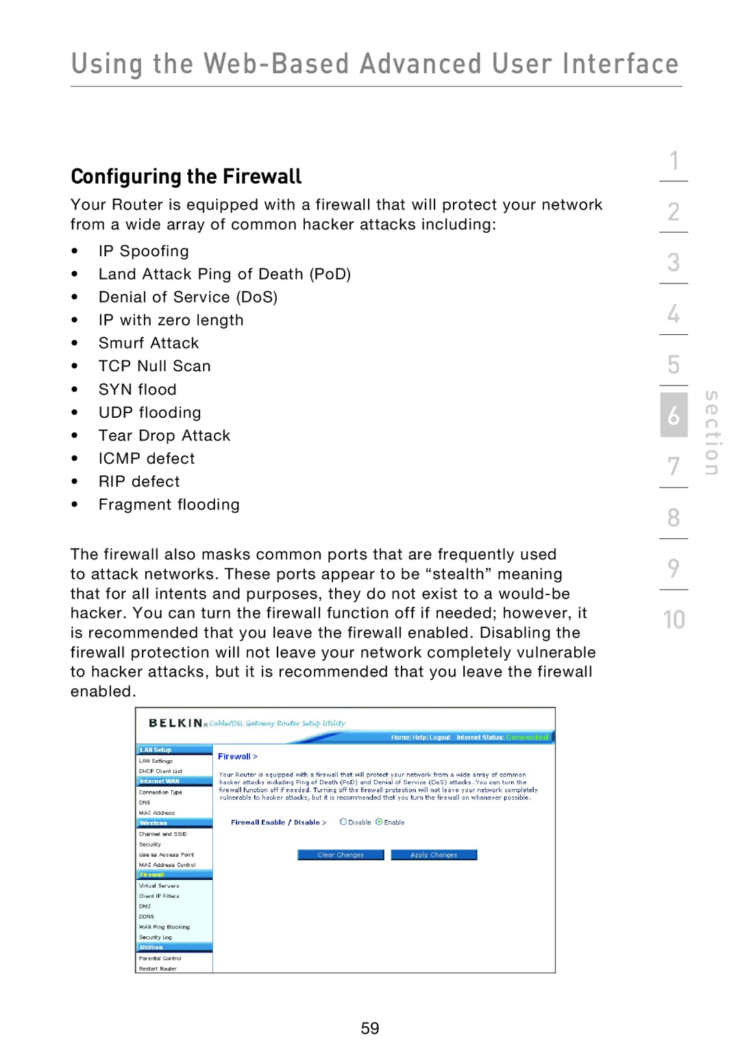 Belkin F5D9230UK4 user manual Configuring the Firewall 