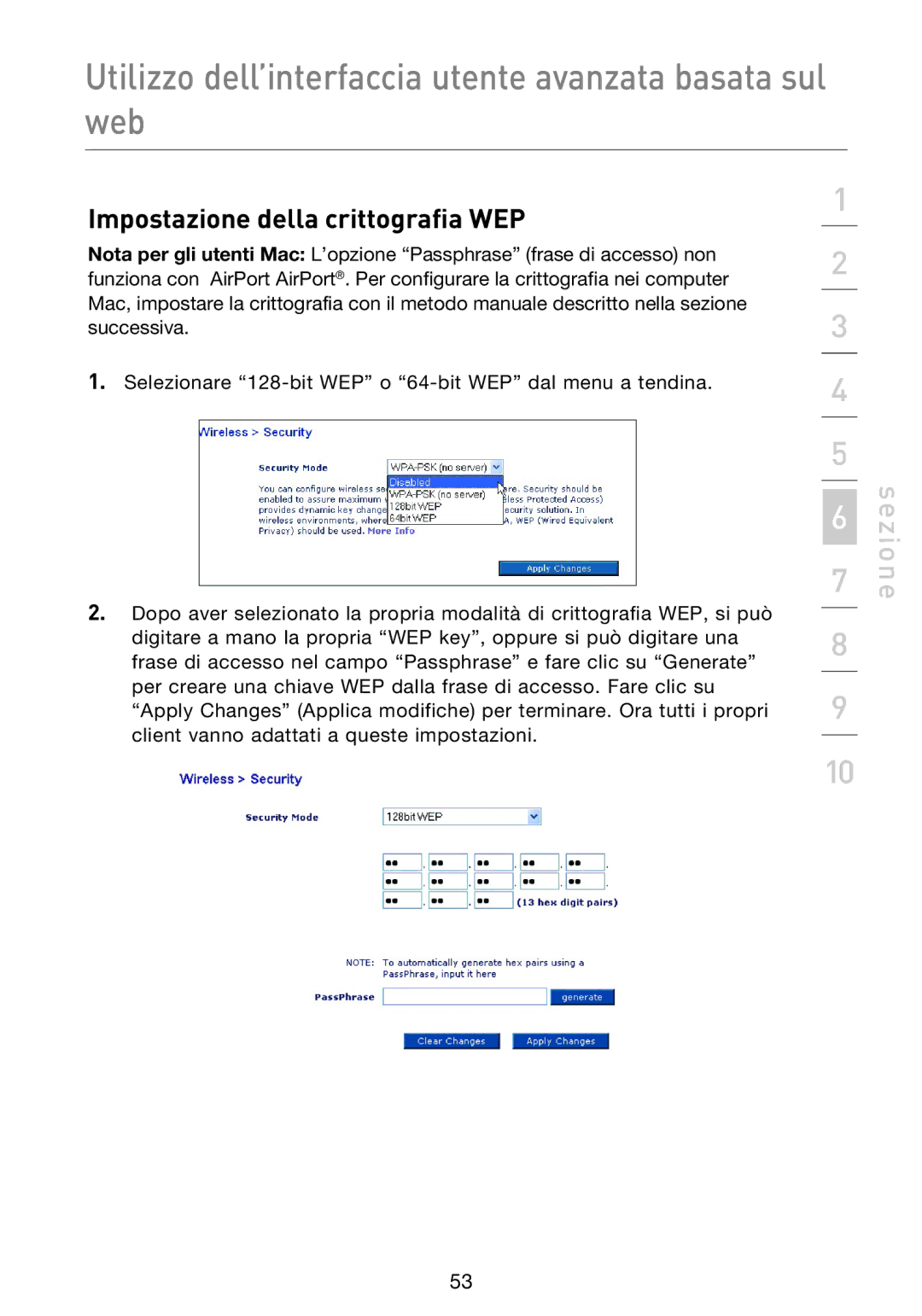 Belkin F5D9230UK4 user manual Impostazione della crittografia WEP 