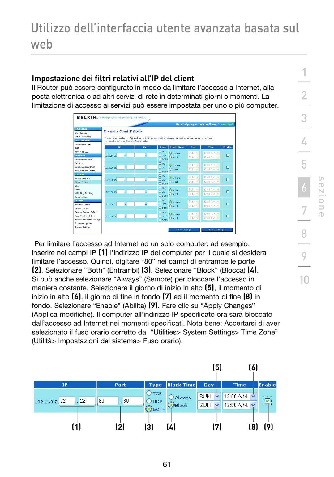 Belkin F5D9230UK4 user manual Impostazione dei filtri relativi all’IP del client 