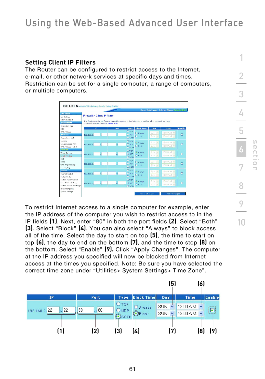 Belkin F5D9230UK4 user manual Setting Client IP Filters 