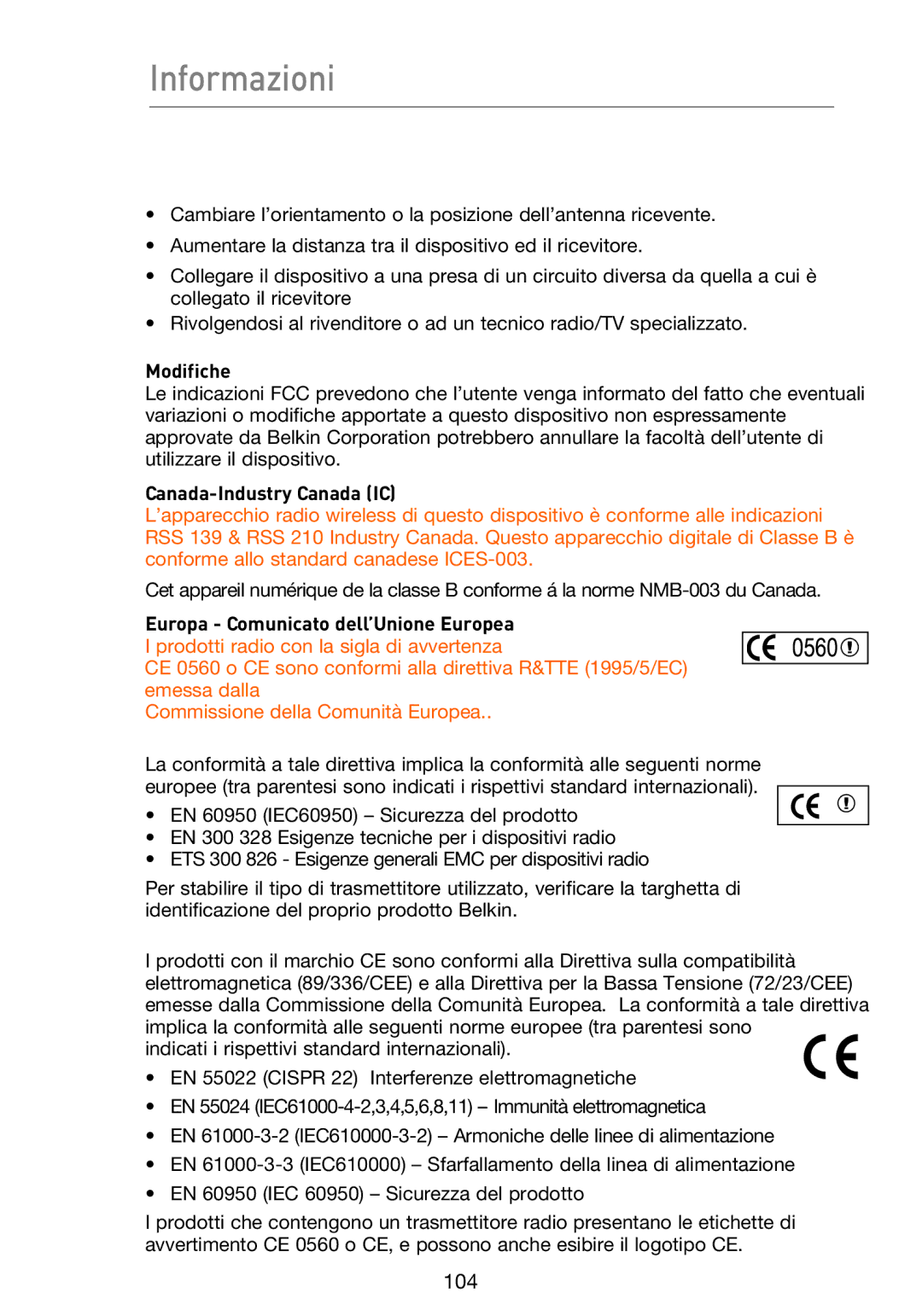 Belkin F5D9230UK4 user manual Informazioni, Modifiche, Europa Comunicato dell’Unione Europea 