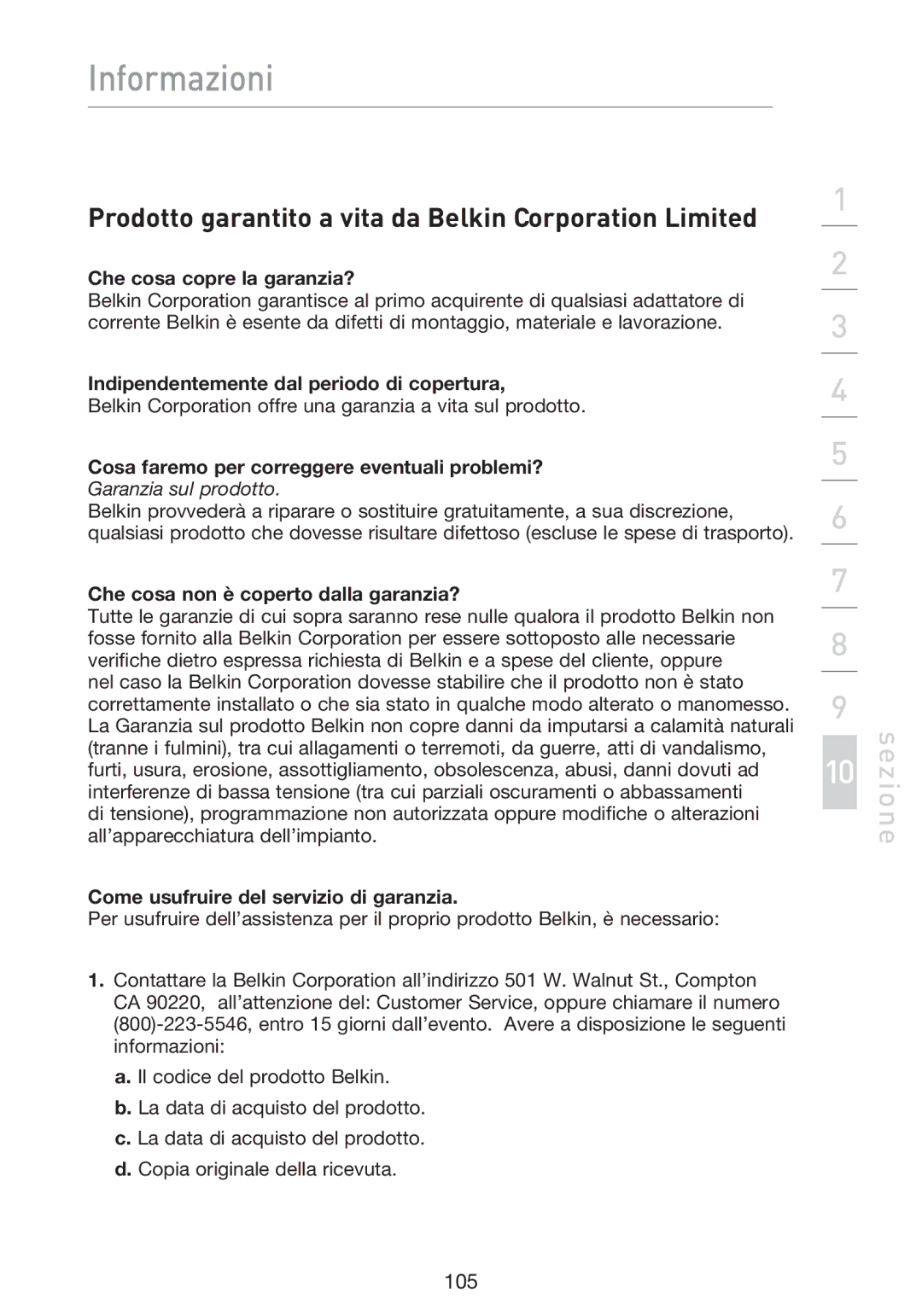 Belkin F5D9230UK4 user manual Prodotto garantito a vita da Belkin Corporation Limited 