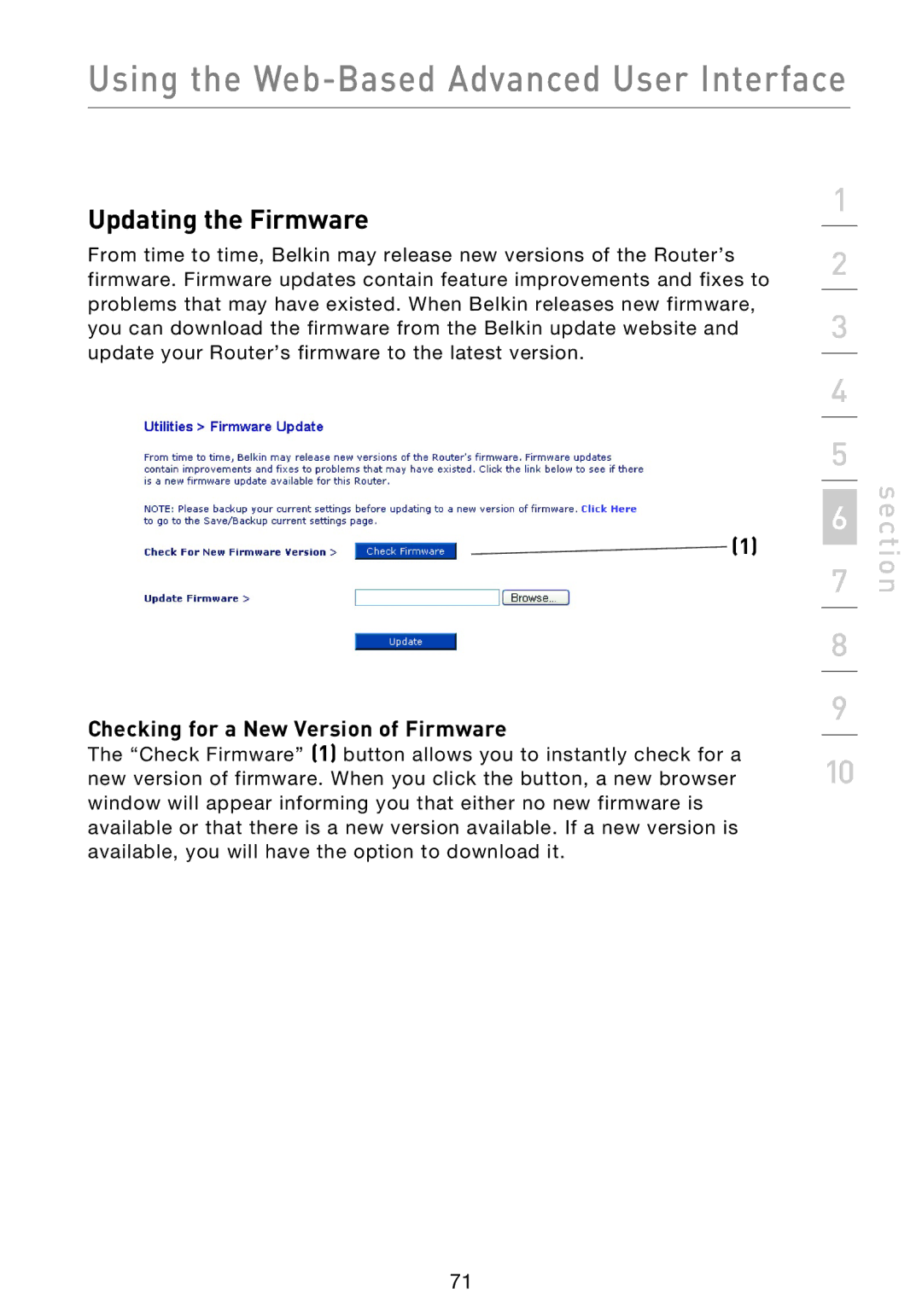 Belkin F5D9230UK4 user manual Updating the Firmware, Checking for a New Version of Firmware 