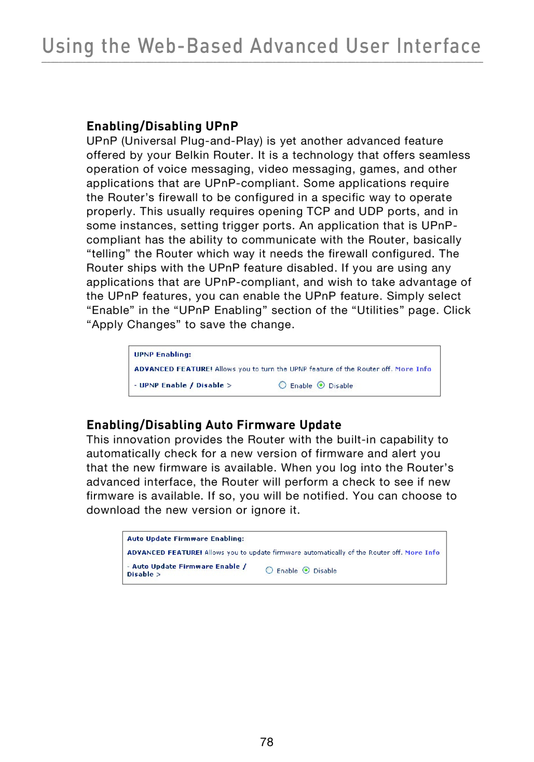 Belkin F5D9230UK4 user manual Enabling/Disabling UPnP, Enabling/Disabling Auto Firmware Update 