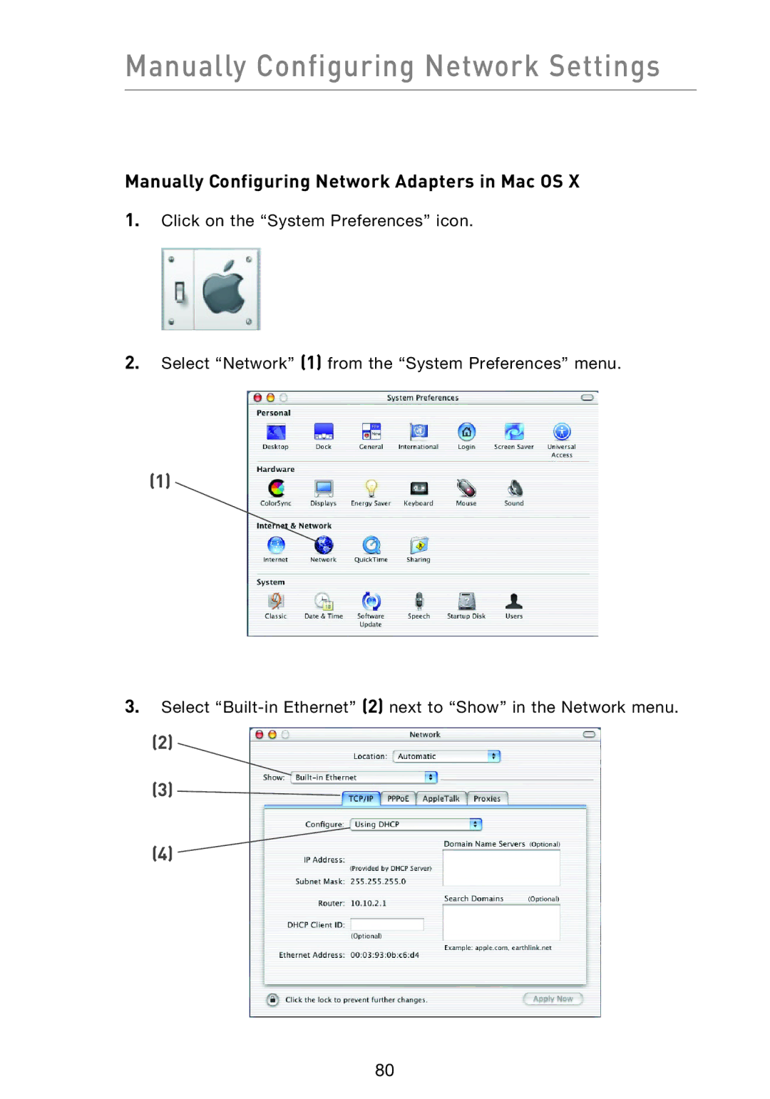 Belkin F5D9230UK4 user manual Manually Configuring Network Settings, Manually Configuring Network Adapters in Mac OS 