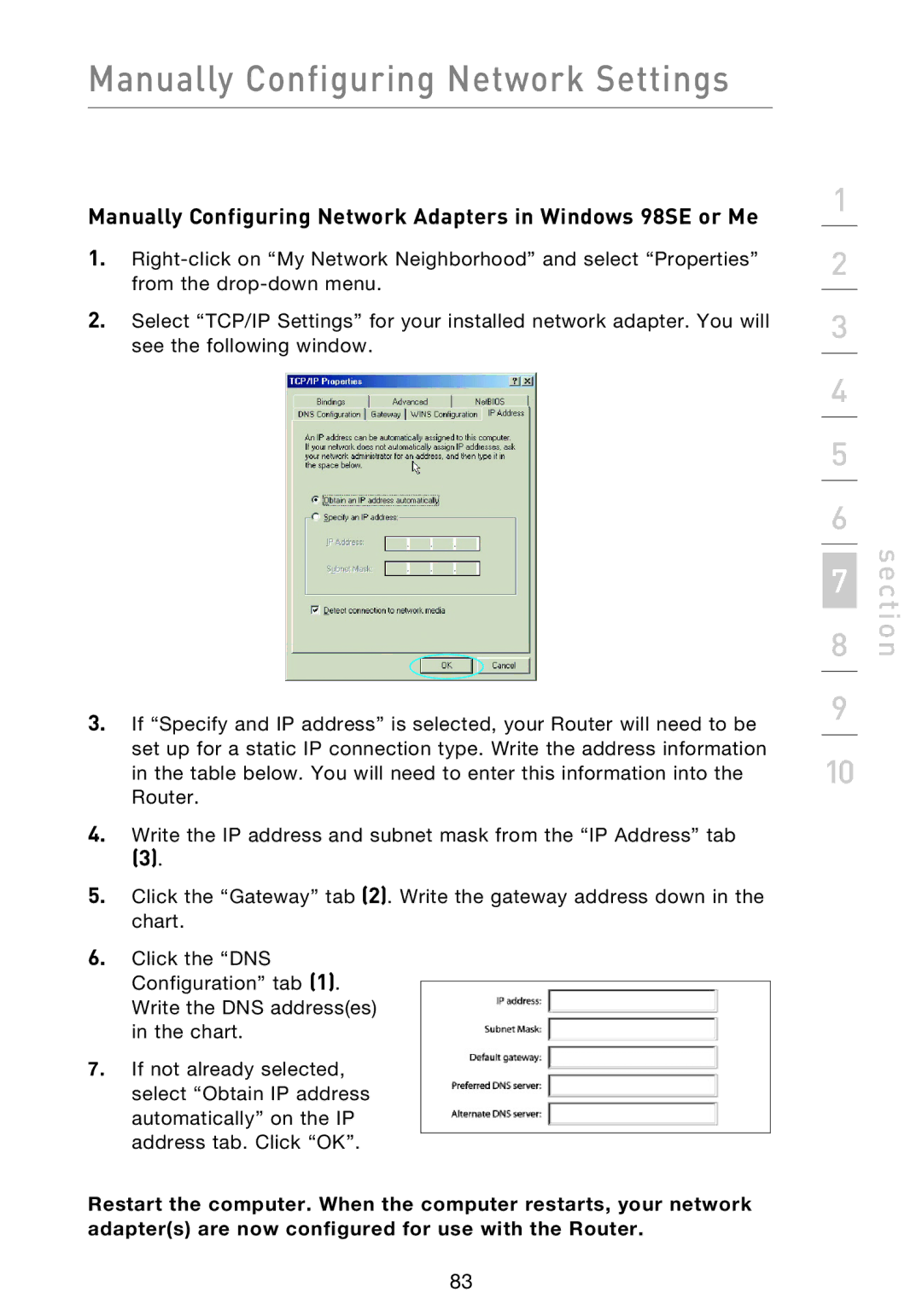 Belkin F5D9230UK4 user manual Manually Configuring Network Adapters in Windows 98SE or Me 