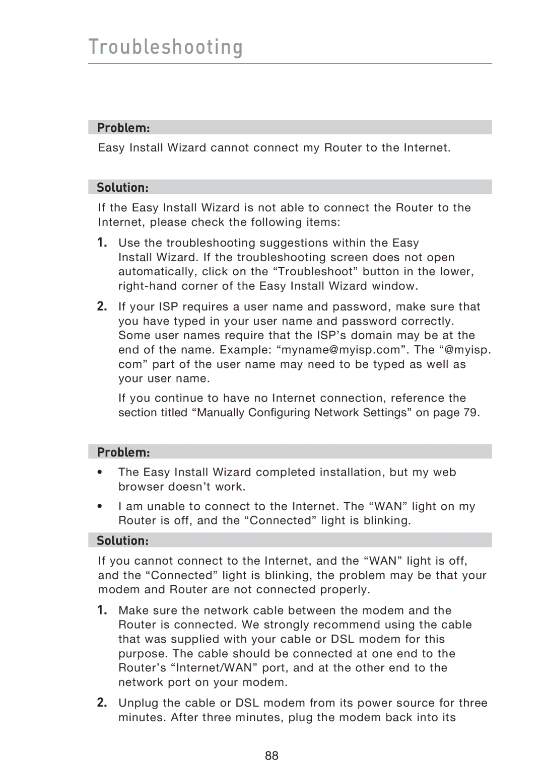 Belkin F5D9230UK4 user manual Troubleshooting 